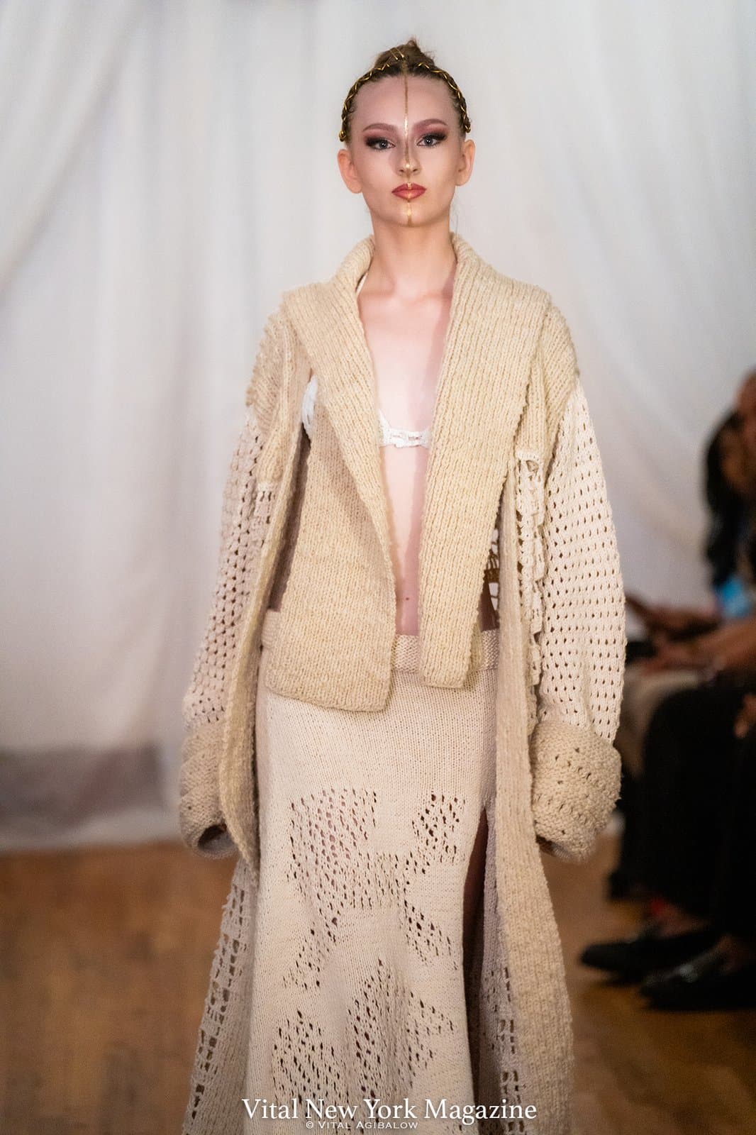 House of Nova Tailored Openwork Knit, a sand tailored openwork knit